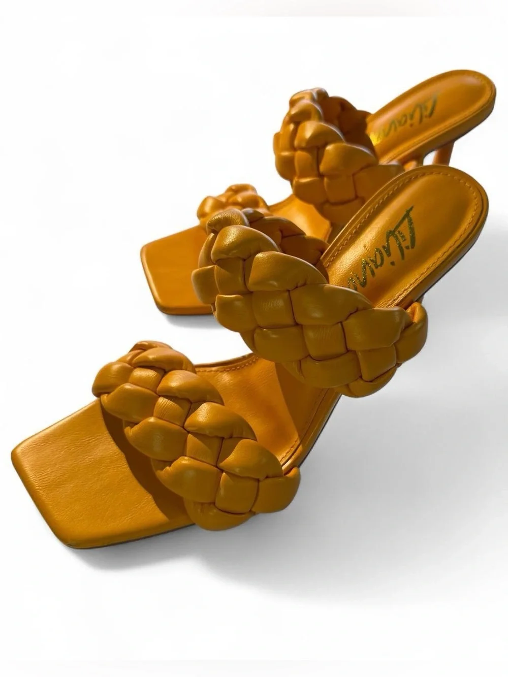 Orange Braided Strappy Square Toe Heeled Mules Women's 7.5 Block Heel Sandals